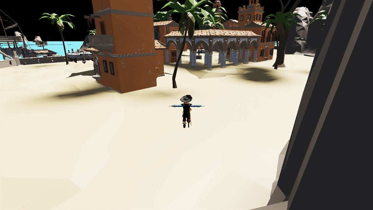 Pirate town rendered with sunlight, cast shadows and a playable character